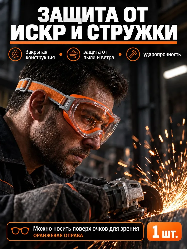 Очки защитные строительные прозрачные от ультрафиолетового излучения.